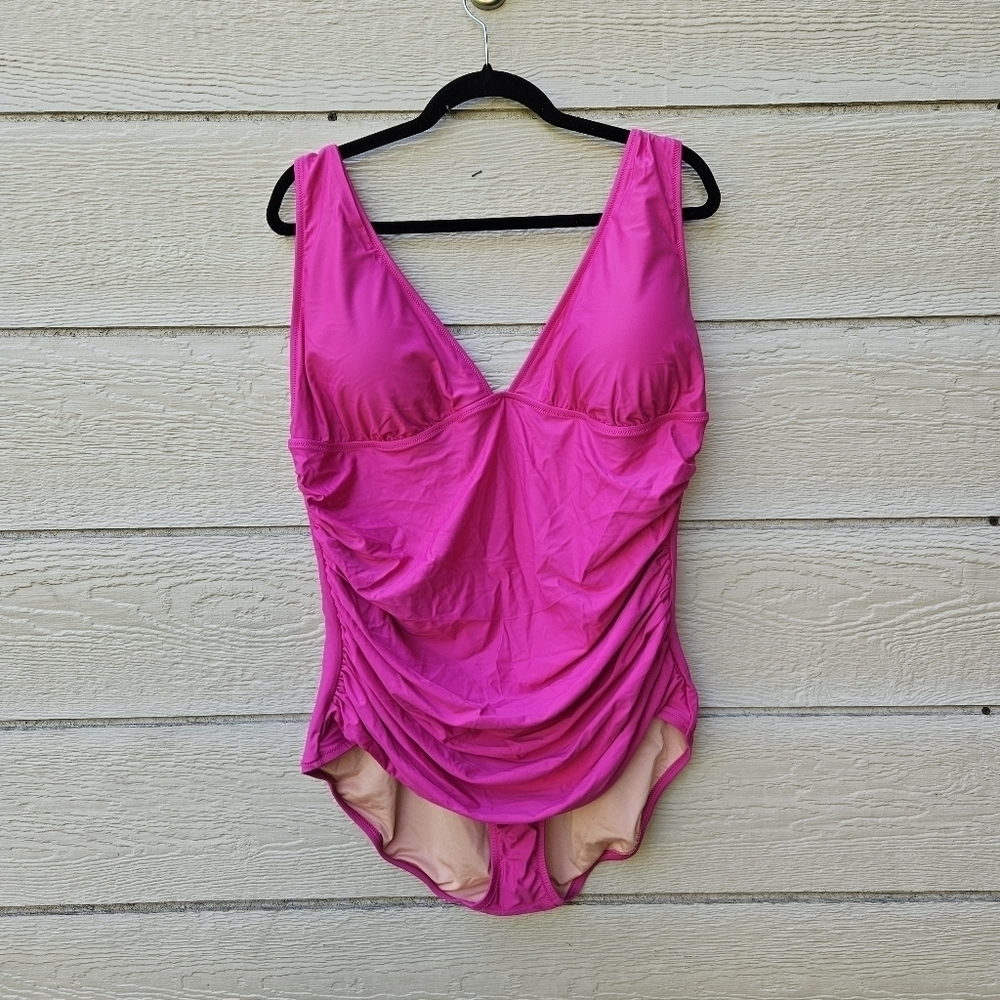 NWT J. Crew hot pink ruched v neck one piece bathing suit size 20